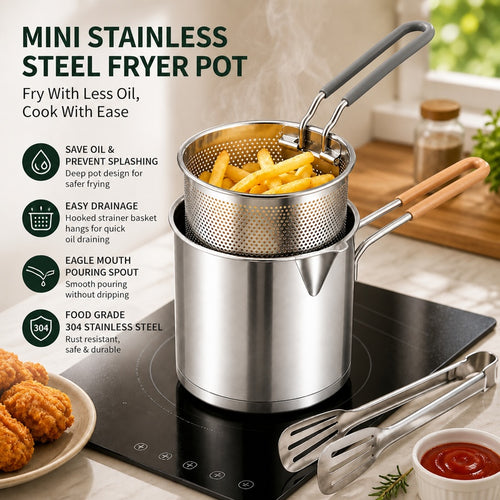 Stainless steel fryer with wooden pot handle and gray basket handle