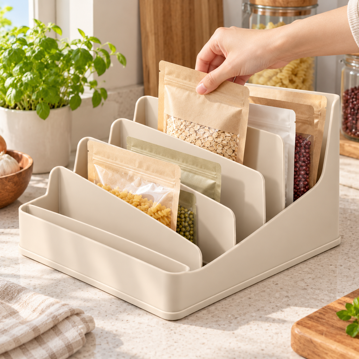 Fan-Divider Pantry Packet Organizer
