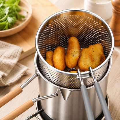 Deep perforated fryer basket close-up