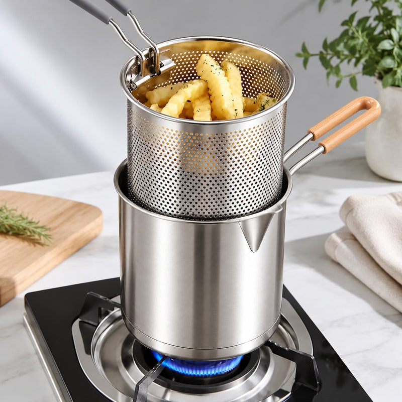 French fries draining over fryer pot
