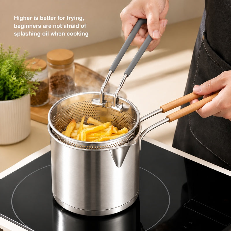 Lifting fryer basket by gray handle