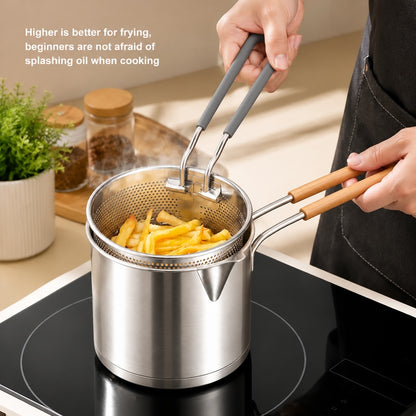 Lifting fryer basket by gray handle