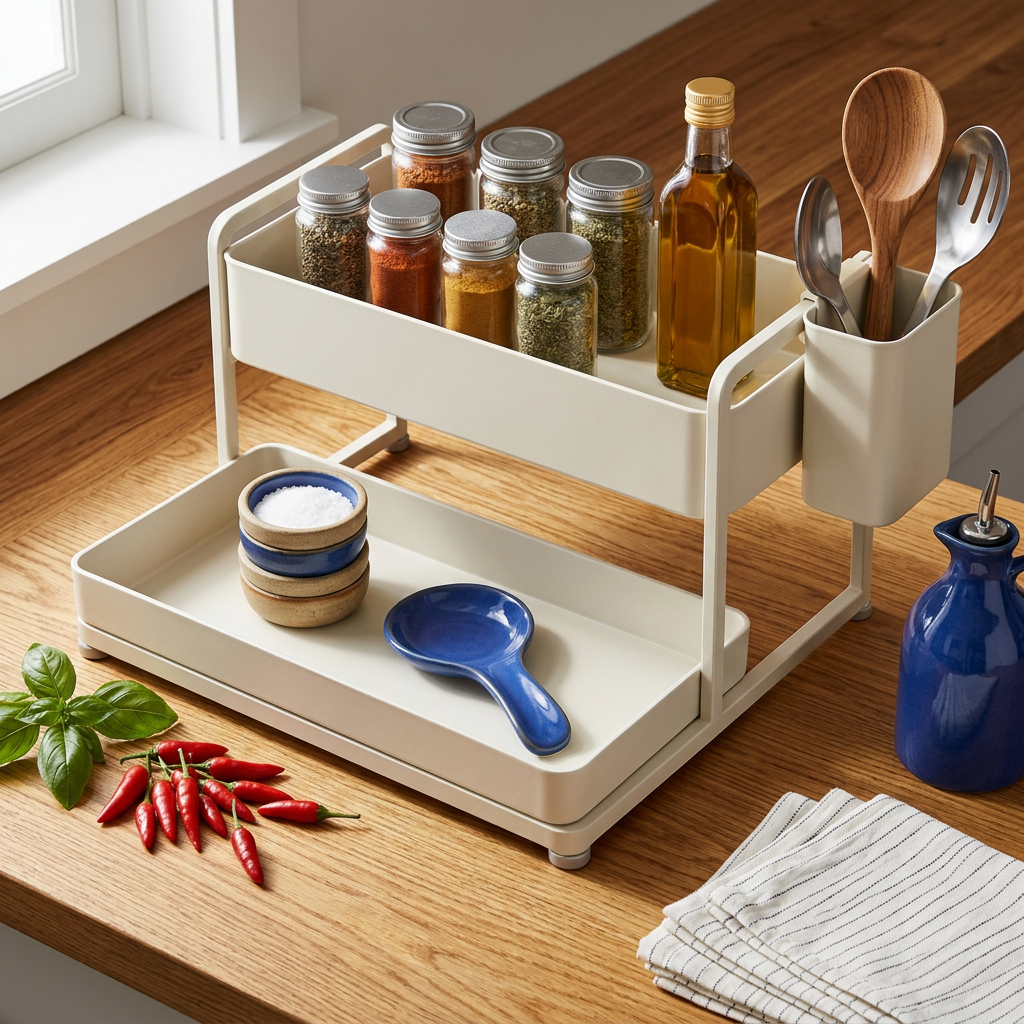 Split-level kitchen essentials station, overhead lifestyle view