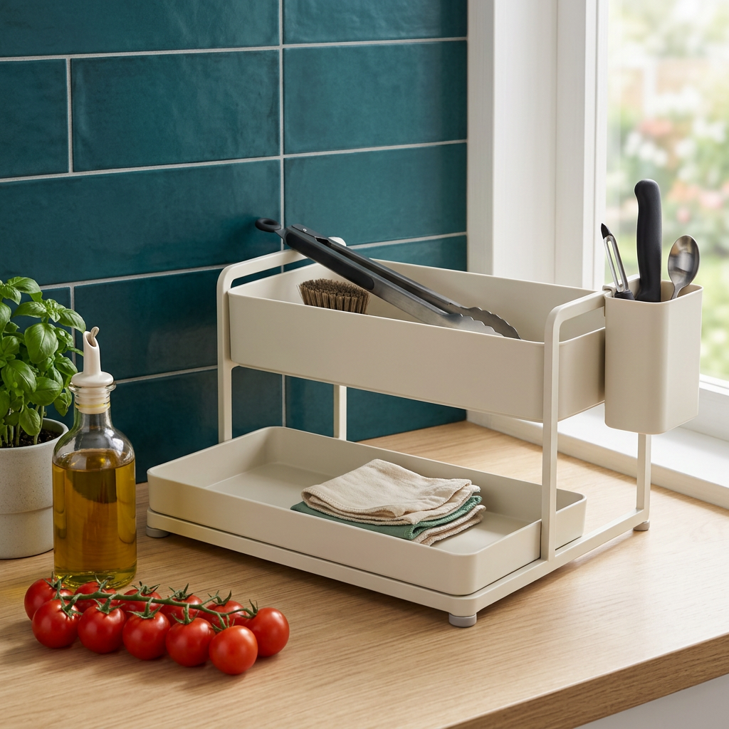 Split-level kitchen essentials station, front-right lifestyle view